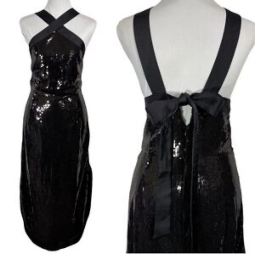 NWOT Prabal Gurung Collab black cross chest bow back sequin cocktail gown 18W - Picture 2 of 13
